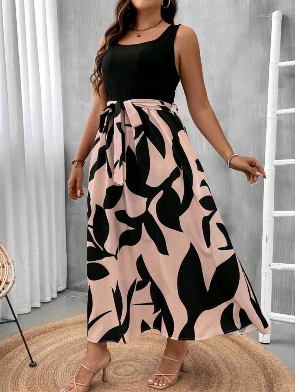 Cream & Black Leaf Print Maxi Dress